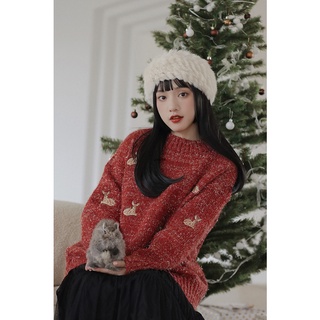 Listo Stock _ Ukiyobu Ropa De Invierno Estilo Retro Perezoso Brillante Navidad Rojo Alce Suéter Jersey Suelto Engrosado