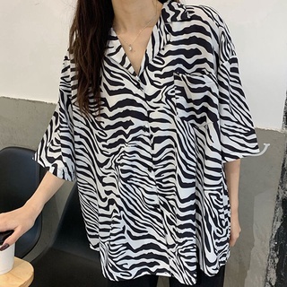 Cebra Impresión De Verano Blusa Para Las Mujeres De Señoras Niña Botón Hasta La Camisa De Ropa Japonesa Tee Top Coreano Moda Streetwear
