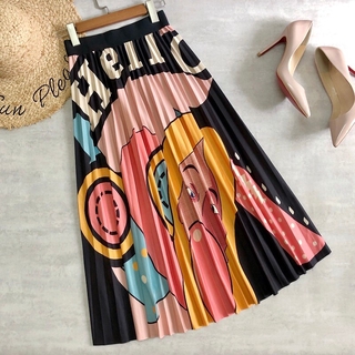 las mujeres midi faldas de carácter divertido de dibujos animados de impresión de algodón plisado faldas suave constra color niñas diario lindo estilo de calle alta