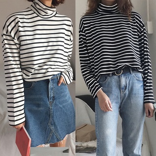 Women's Fashion Autumn Casual Stripe Tops Ladies Long Vintage Loose Pullover
