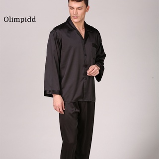 {oli} Moda Color sólido suave de manga larga pantalones transpirables hombres ropa de dormir pijamas conjunto (8)