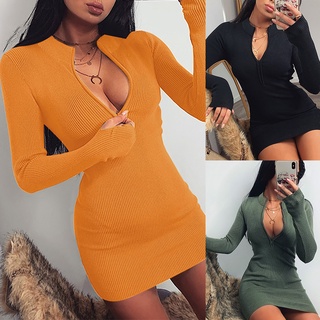 meiyouni Women Sexy Deep V Neck Zip Long Sleeves Solid Color Bodycon Party Mini Dress