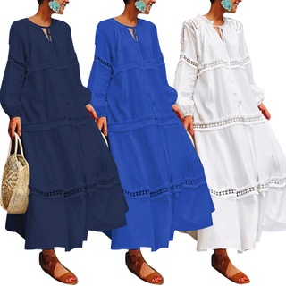 troubleba Solid Color Women Tassel Bandage V Neck Hollow Long Sleeve Loose Maxi Dress