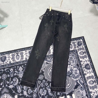 ☍CH Crow Heart High Street Black Pants Black Patched Jeans Couple Style Men and Women Same Style Luxury Trendy Jeans