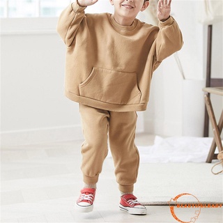 B: 2 piezas de trajes casuales para niños, Color sólido, manga larga, cuello redondo, con bolsillo y pantalones