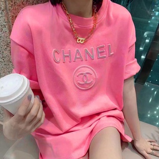 100% algodón rosa polera coreano top largo de manga corta mujeres carta reflectante camiseta moda chanel versátil ropa suelta media manga moda tops (7)