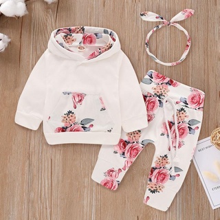 3Pcs Newborn Baby Clothing Floral Long-sleeve Hoodie T-shirts+Pants Headband Set 3Pcs Outfit 3in1