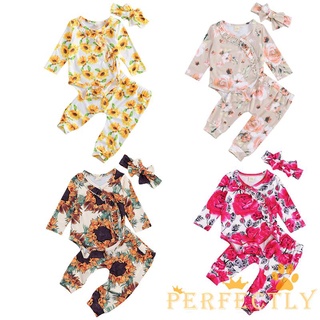 PFT7-ZZ conjunto de traje de bebé recién nacido de manga larga con estampado Floral+pantalones+juego de diadema