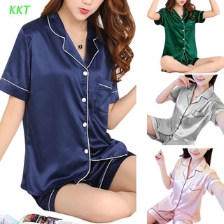 KKT Women's Satin Pajamas Set Pocket Lapel Nightgown Set Pyjama Set Nightwear
