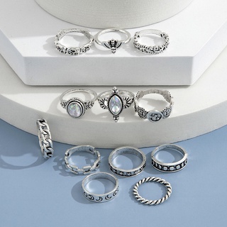 conjunto de anillos de flor de estrella de corazón de luna de serpiente de aleación de plata a la moda para mujer (3)