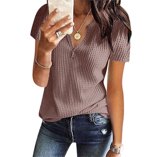 [QSDALEN]Women's Summer Fashion Knit Short Sleeve Tunic Top V-neck Loose Shirt