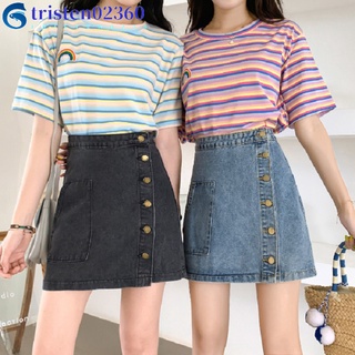 tristen02360 Women Skirt High-waist Solid Color A-line Half-length Denim Skirt
