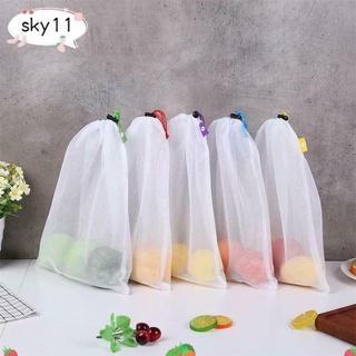 SKY 5Pcs/Set Reusable Mesh Storage Bag Washable Vegetable Pouch Fruit Grocery Bags Polyester Eco-friendly Shopping Kitchen Gadget Drawstring Home & Living Toys Pocket/Multicolor