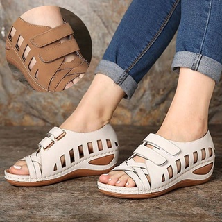 Mujer Zapatos Sandalia Cuña Sandalias De Cuero Moda Hueco Velcro Antideslizante Gran Tamaño Transpirable Señoras