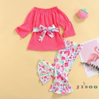 Soo-girls conjunto de ropa con estampado Floral, manga larga cuello barco Tops con volantes+pantalones planos (4)
