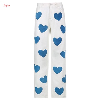 Dejav Women Harajuku High Waist White Jeans Blue Heart Print Contrast Color Denim Pants Casual Loose Straight Leg Trousers