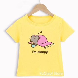 Alta calidad de los niños camisetas divertido sueño Pusheen gato impresión camiseta de verano ropa de bebé niños niñas rosa/amarillo/azul/verde niño camiseta