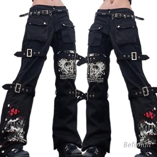 bef mujeres goth punk cintura alta jeans harajuku metal hebilla cinturón hip hop impresión pantalones de carga ancho pierna holgada pantalones de mezclilla streetwear con bolsillos