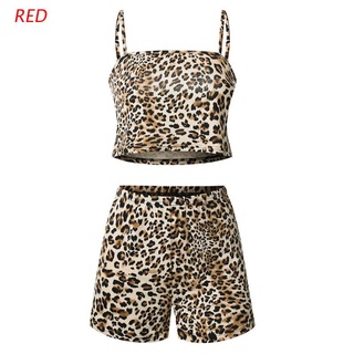 rojo 2 piezas mujeres ocio sexy leopardo impresión pijamas conjunto de espagueti correa sin respaldo camisola tops pantalones cortos ropa de dormir