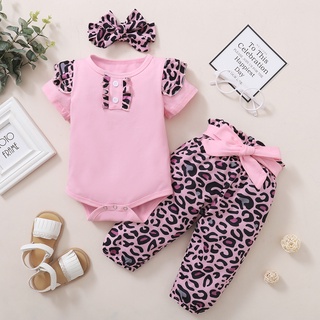 babyya recién nacido bebé niñas verano volantes mameluco+leopard arco pantalones trajes conjunto