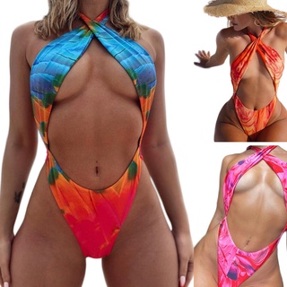rg mujeres sexy bikini brasileño de una pieza halter cuello cruzado monokini hueco delantero degradado tie-dye traje de baño de corte alto
