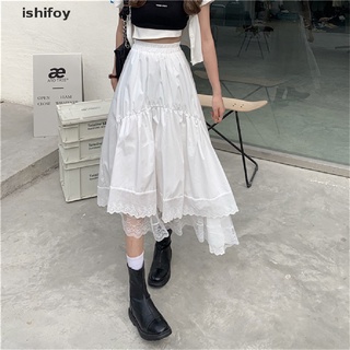 ishifoy Lace Stitching Irregular Pleated Skirt Women White Vintage High Waist Long Skirt CL