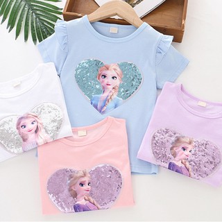 [2021 New] 1-8 Years Elsa Frozen Shirt Princess Disney Kids Girls Short Sleeves Shirts Top Cotton Girl Fashion Clothes