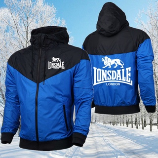 Nueva moda Lonsdale Logo Outwear cremallera cortavientos hombres impermeable chaqueta con capucha abrigo Patchwork invierno (3)