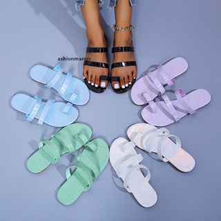 [ashionmango] Sandalias de diapositivas para mujer de un solo dedo del pie zapatilla playa sandalias planas caliente (5)