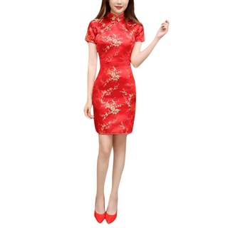 ☽Zo☀Mujer rojo chino Cheongsam, manga corta flor de ciruela impresión flor Split dobladillo Mini vestido de noche