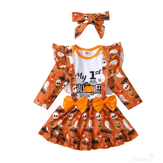 Ll5-Baby Halloween impreso conjunto de ropa, niña de manga larga O-cuello mameluco+falda de suspenso+diadema de nudo de arco (7)