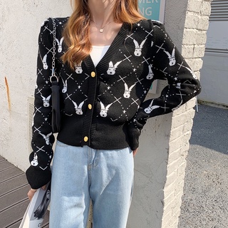 Cuello en v lana punto Cardigan mujeres moda manga larga suéter (1)