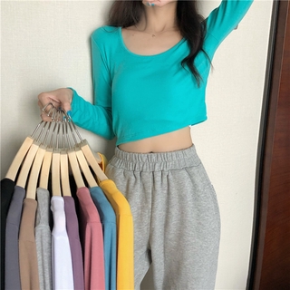 mujer coreana color sólido delgado manga larga camiseta corta corta