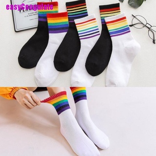 [D] 1 par de calcetines de mujer con rayas arco iris/calcetines cálidos de navidad Harajuku (1)