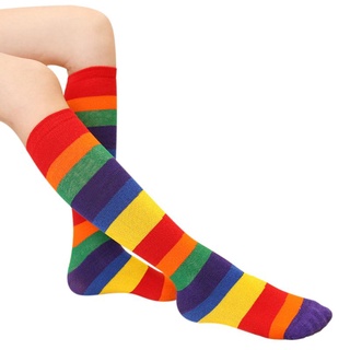 Wmmb niños arco iris deporte calcetines niños niñas colorido rayas rodilla mediados de tubo alto medias