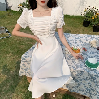 Y1zj mujer blanco vestido largo estilo francés Retro cuello cuadrado corto Puff manga alta cintura delgada estilo vestido para verano