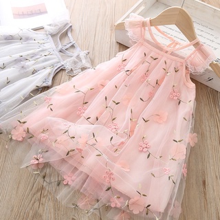 vestido de fiesta de princesa floral/vestido bordado para niños/ropa de encaje/vestidos sin mangas de malla para niña