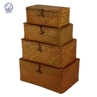 cestas de almacenamiento de pasto marino con tapas, cestas rectangulares tejidas, organizador de almacenamiento de mimbre para estante, juego de 4