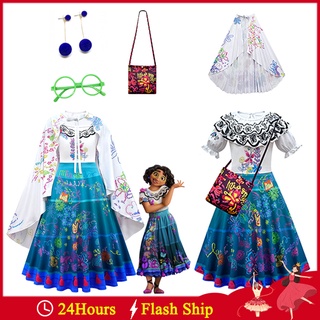 Encanto Mirabel Madrigal Cosplay Disfraz De Niña Vestido De Carnaval De Halloween Princesa Pendientes Gafas Bolsa (1)