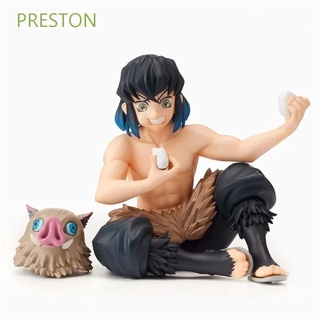 Preston Anime japonés figuras de acción estatua modelo Figuals Demon Slayer adornos de escritorio sentado demonio hoja juguetes regalos Hashibira Inosuke decoración modelo de colección