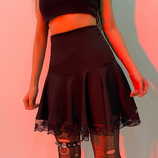 Caminar Falda Plisada De Cintura Alta Mini Faldas Delgadas De Media Longitud Mujer Negro Estilo Punk Modelos De Primavera De Encaje