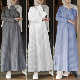 2020 Musim Luruh Fesyen Wanita Berjalur Kapas Linen Panjang Pakaian Vintage Kasual Pakaian Lengan Panjang Lengan Panjang