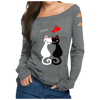 [Bldeark] mujer Casual gato amor impresión hombro frío camisa de manga larga Tops blusa