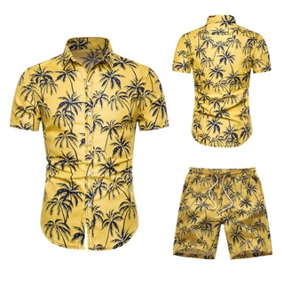 LEx0 [YTS] Hombres Verano Ocio Moda Hawaiana Camiseta De Manga Corta Pantalones Cortos Conjunto (1)