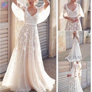 playa vestido de novia blanco vestidos de novia de encaje apliques tren casual cuello v vestido (1)