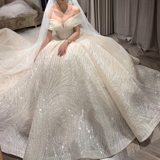 vestido de novia 2021 nuevo off-hombro cielo estrellado sueño novia estilo lujoso cola grande vestido de velo de novia