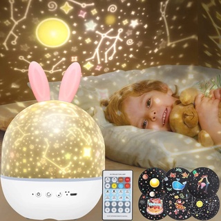 Música cielo estrellado proyector de luz de noche con carga de conejo oreja girar lámpara LED colorido intermitente estrella niños bebé regalo