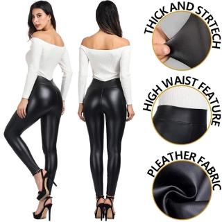 Gran tamaño de las mujeres de la moda estiramiento de cintura alta apretado Leggings negro pantalones de cuero (piel faux) (1)