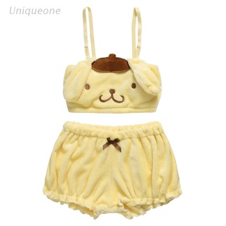 UNI Women Velvet Yellow 2pcs Tube Top and Bloomers Shorts Set Cute Kawaii Anime Ears Embroidery Pajamas Cosplay Underwear