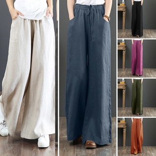 ZANZEA Women Casual Wide Legs Elastic Belted Solid Color Long Pants (1)